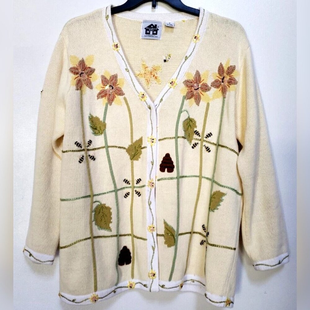 Storybook Knits Buzzin For Sun Button Spring Summer Theme Cardigan Women's Sz 1X - Picture 2 of 8